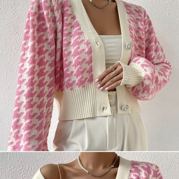 Pink Preppy Womens Houndstooth Pattern Lantern Sleeve Cardigan - Picture 2 of 12